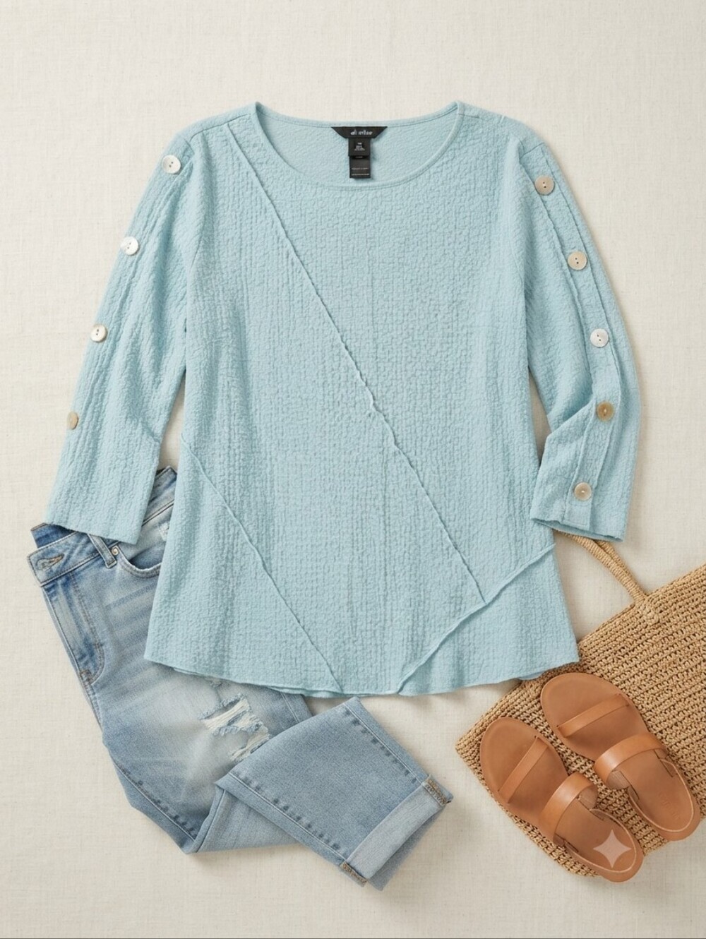 Ali Miles Aqua Light Blue Crinkle Top Blouse